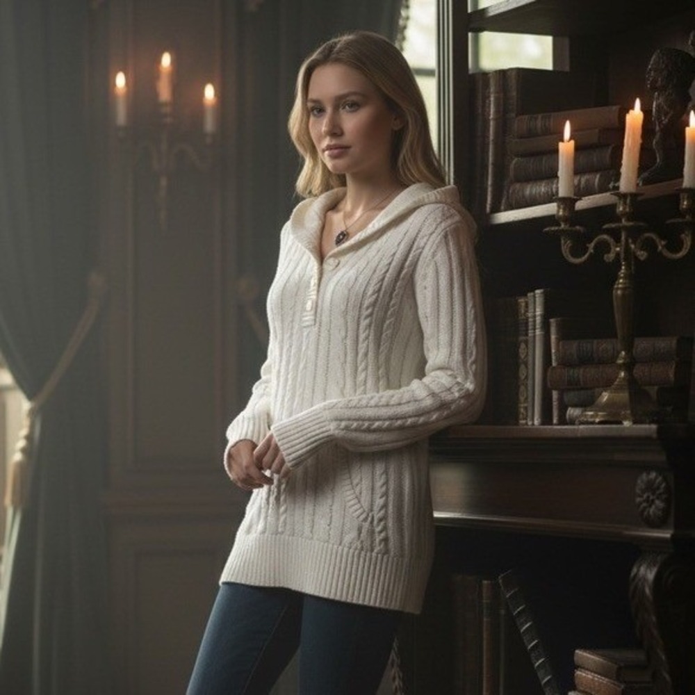 "Sonoma" White Womens White Cable Knit Cotton Hoodie Sweater M Y2K Bella Swan